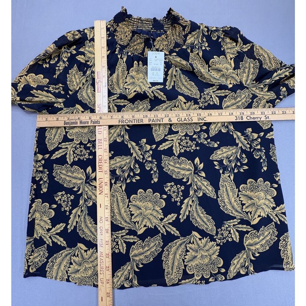 NWT J.Crew Factory Floral Smocked Shirt Blouse Navy Gold Womens Size Med AS357 - Picture 3 of 10